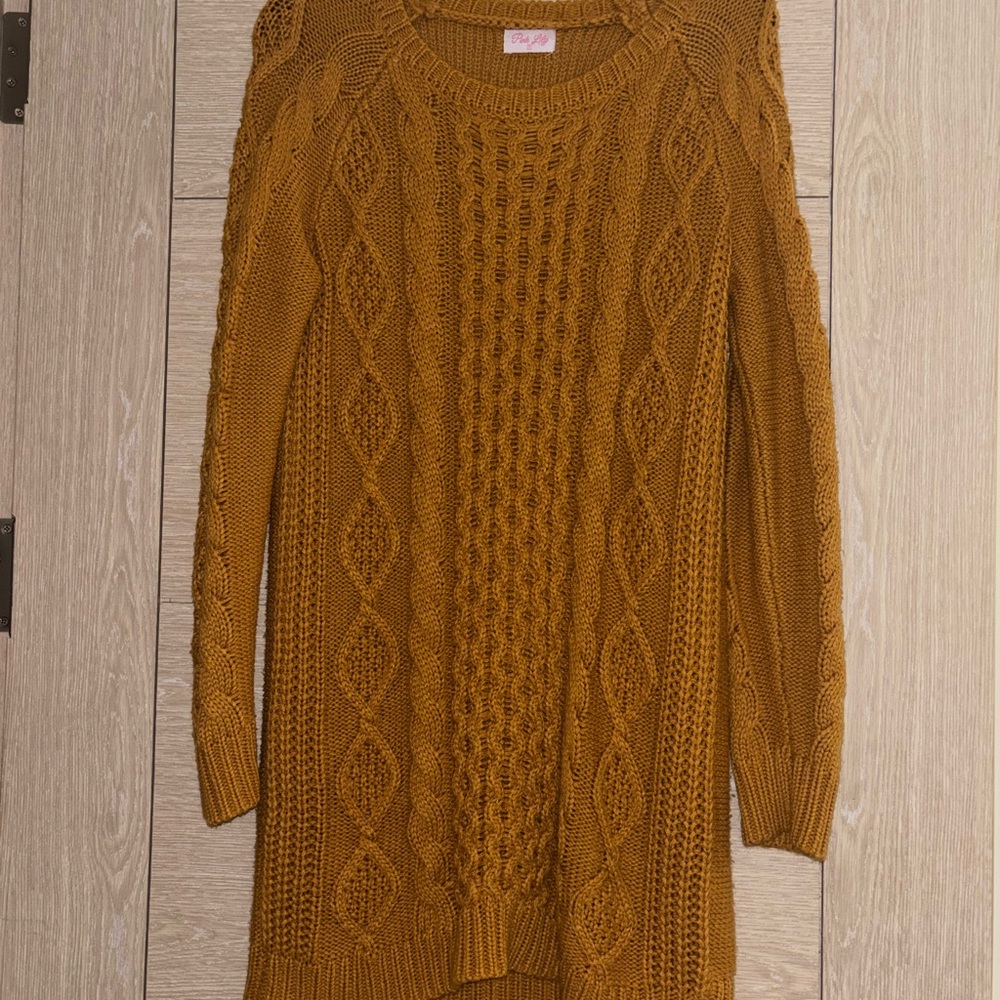 Cozy Mustard Cable Knit Sweater Dress